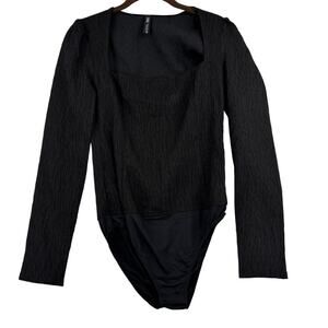 Zara Bodysuit Size S Black Square Neck Long Sleeve Crinkle Textured Stretch